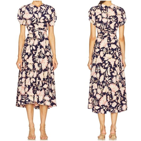 A.L.C. Women's Sienna Dress - Lightweight Satin Midi Dress With Pleated Detail And Long Puff Sleeves
